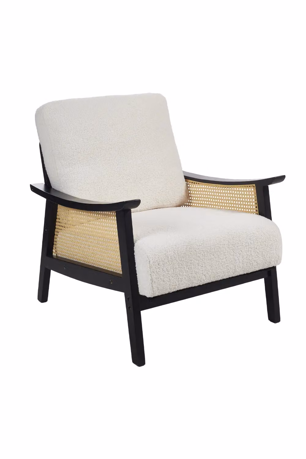 H&O Direct Mid Century Rattan Armchair with White Bouclé Fabric and Solid Wood Frame – 3