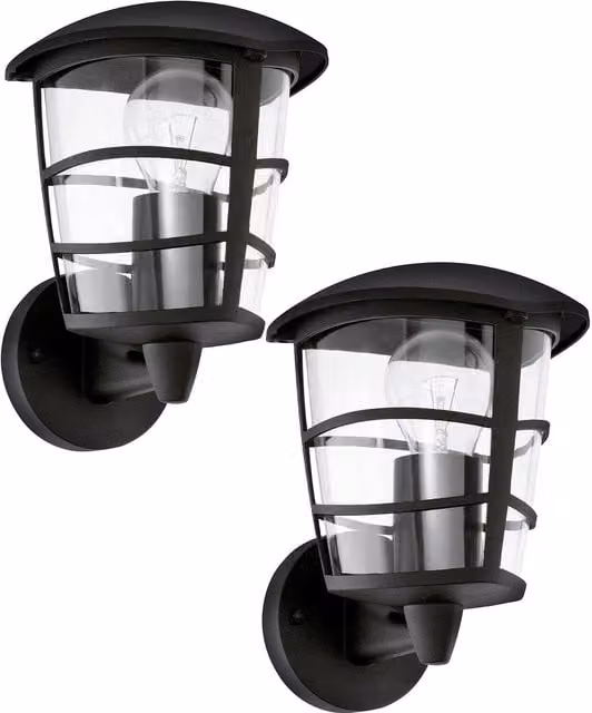 Loops 2 Pack Black Modern Aluminium Outdoor Wall Lanterns with Transparent Glass, IP44 Rated, E27 Socket, 60W Max