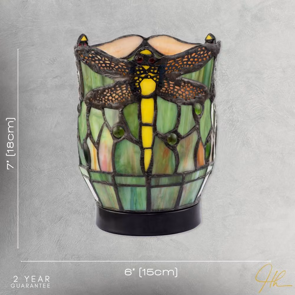 Happy Homewares Classic Dragonfly Tiffany Uplighter Tabletop Lamp in Green Stained Glass and Black Metal, H 40 cm x W 18 cm x D 18 cm – 5