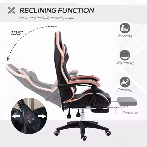 Vinsetto Racing Style Gaming Chair with Reclining Function, Headrest and Footrest in Black and White Synthetic Leather – 5