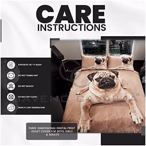 Gaveno Cavailia Wildlife 3D Pug Dog Bed Set with Duvet Cover and Pillowcase, Multicolour, W: 140 cm, L: 200 cm – 4