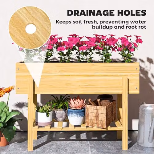 Outsunny Wooden Raised Garden Bed with Bed Liner and Storage Shelf, Brown, W: 100 cm, D: 30 cm, H: 71 cm – 4