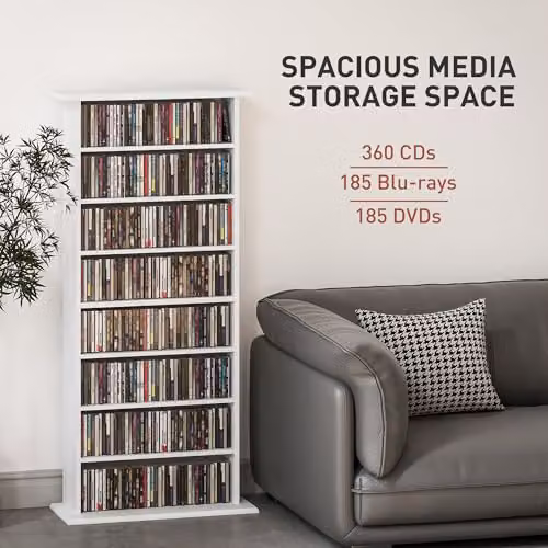 HOMCOM White Modern CD and DVD Storage Unit with 6 Adjustable Shelves, W/D/H: 58.0 x 24.0 x 126.3 cm – 3