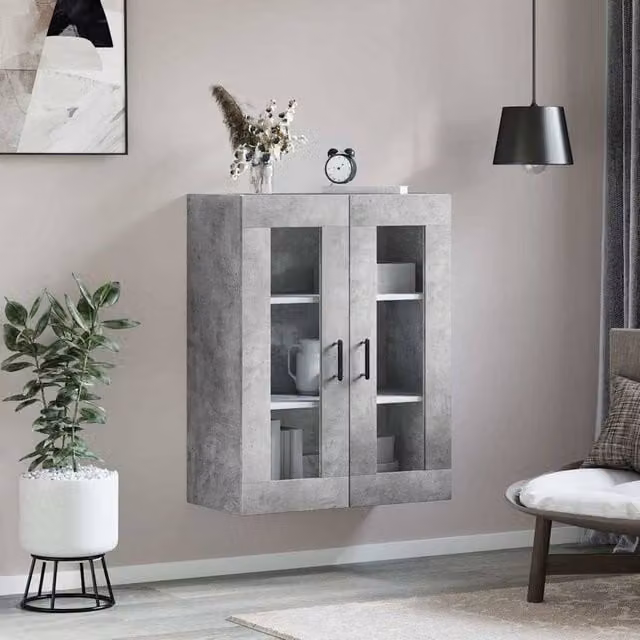 Berkfield Home Wall Mounted Cabinet in Concrete Grey with Glass Doors, W/D/H: 69.5 x 34 x 90 cm