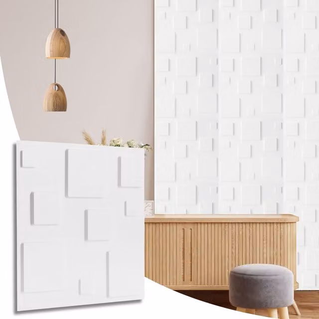 NOVECRAFTO Matte White 3D PVC Wall Panels with Geometric Block Design, W: 50 cm x H: 50 cm, Pack of 12
