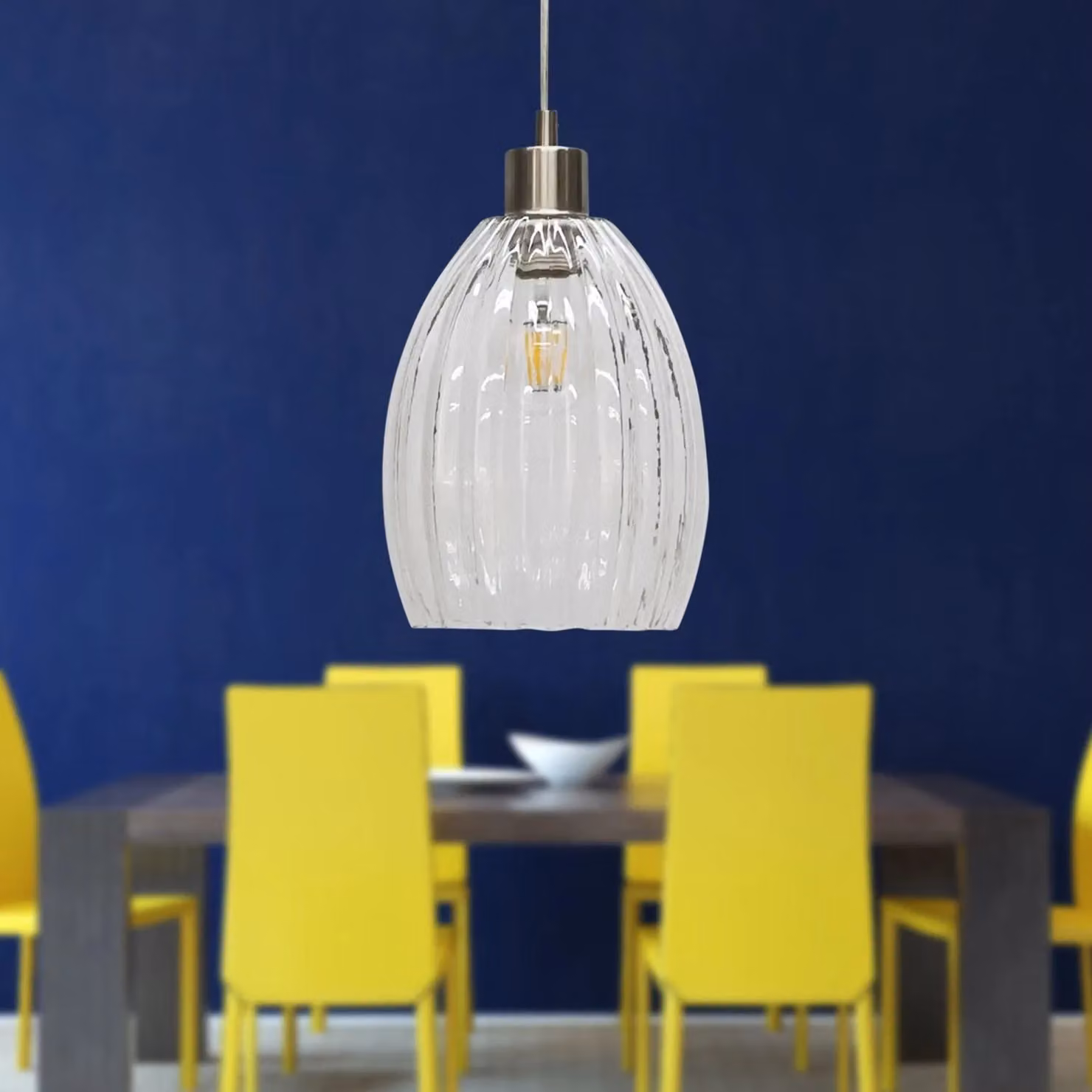 First Choice Lighting Birch Set of 2 Transparent Fluted Glass Pendant Lights with Silver Satin Nickel Fittings – 3