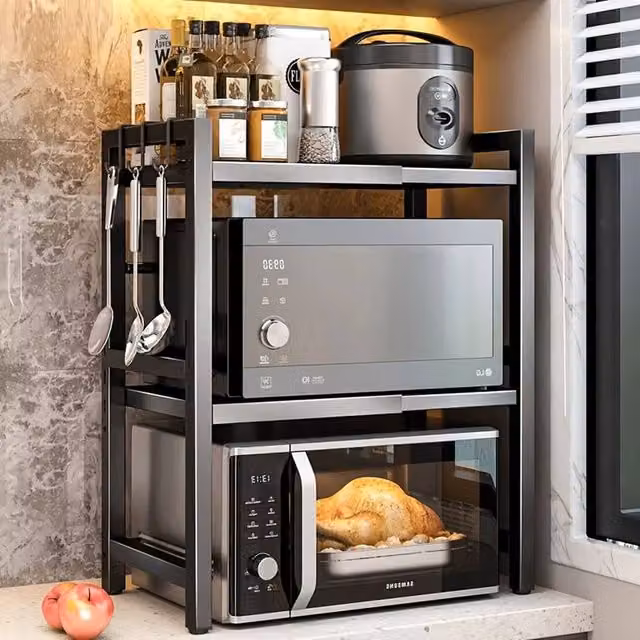 FORGEVIO 3 Layer Expandable Microwave Oven Rack Stand in Black with Adjustable Shelves