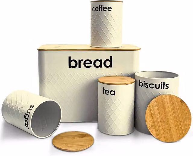 FLAVORA 5-Piece Airtight Kitchen Storage Canister Set in Beige and White with Bamboo Lids