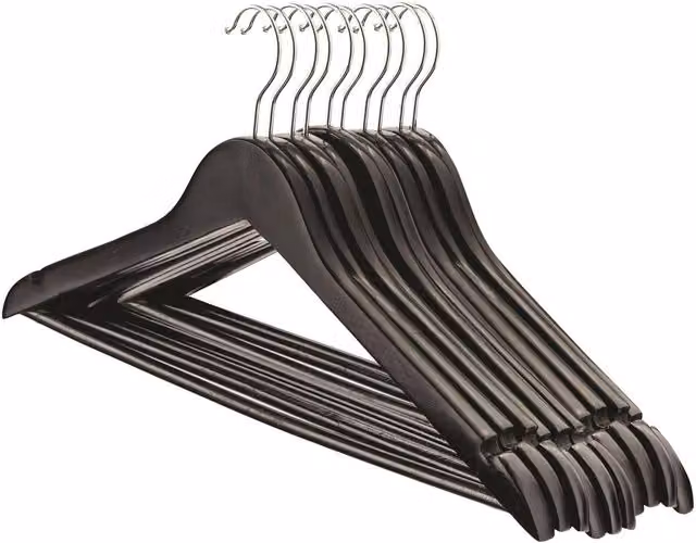 Harbour Housewares Black Wooden Coat Hangers with Bar and Notches, Pack of 10