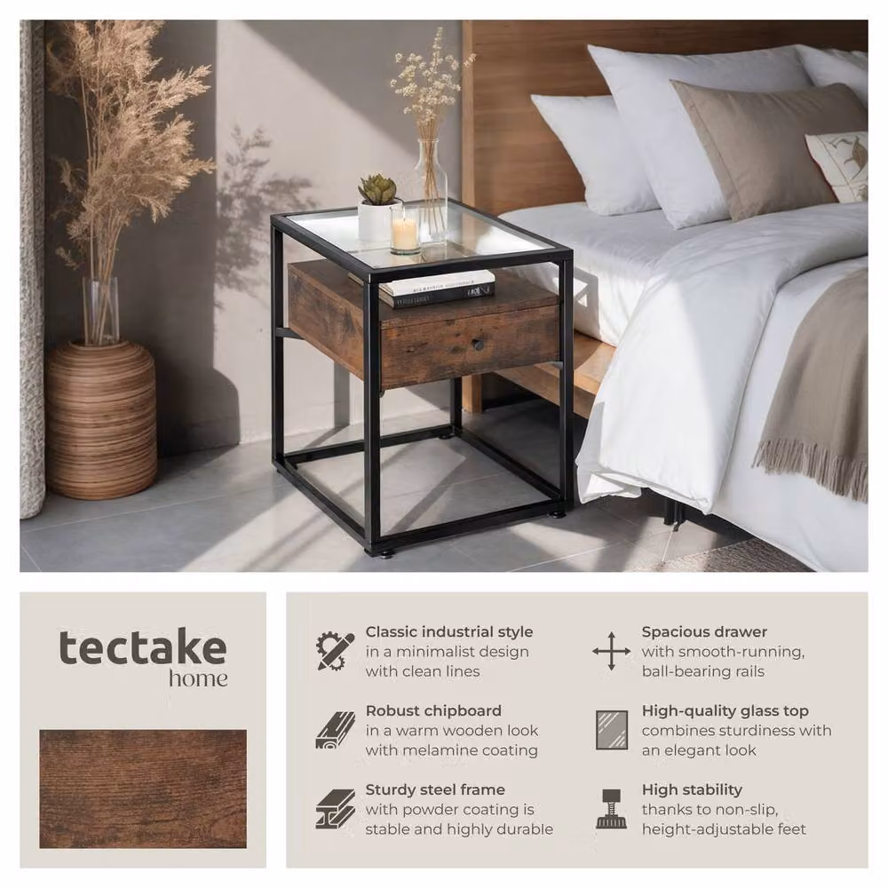 tectake Minimalist Nightstand with Glass Surface and Drawer in Brown – 2