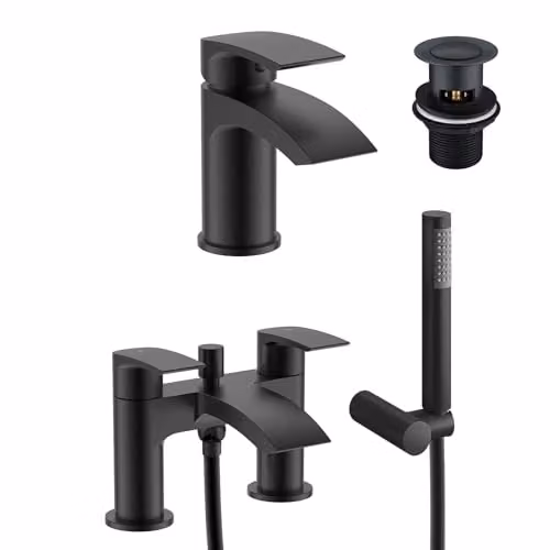 Nes Home Libra Waterfall Basin Mixer and Bath Mixer Tap Set with Pop-Up Waste, Matte Black – 2