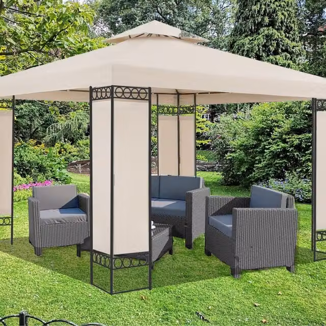 Groundlevel Luxury Hip Roof Gazebo with Metal Supports, Beige, W: 300 cm, D: 300 cm, H: 300 cm