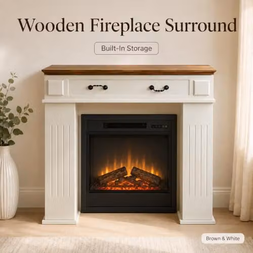 Gr8 Home Modern Wood Fireplace Surround with 3 Storage Cupboards in Brown and White – 2
