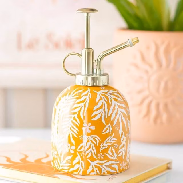 Uniqueful Summer Leaf Print Ceramic Plant Mister in Yellow and Gold, 400ml