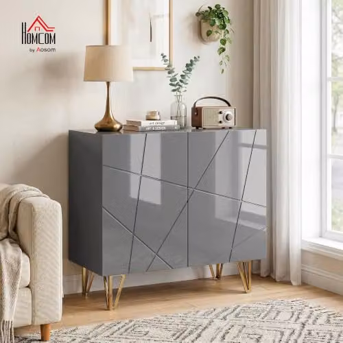 HOMCOM Modern Glossy Grey Storage Cabinet with Gold Accents, W/D/H: 80 x 40 x 75 cm – 2