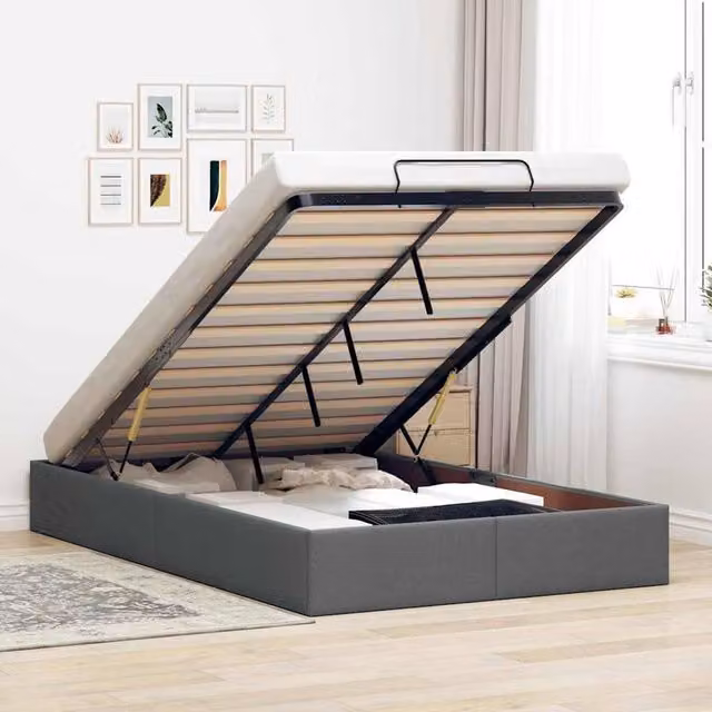 Berkfield Home Double Ottoman Bed Frame in Dark Grey Fabric with Lift Up Base – 1