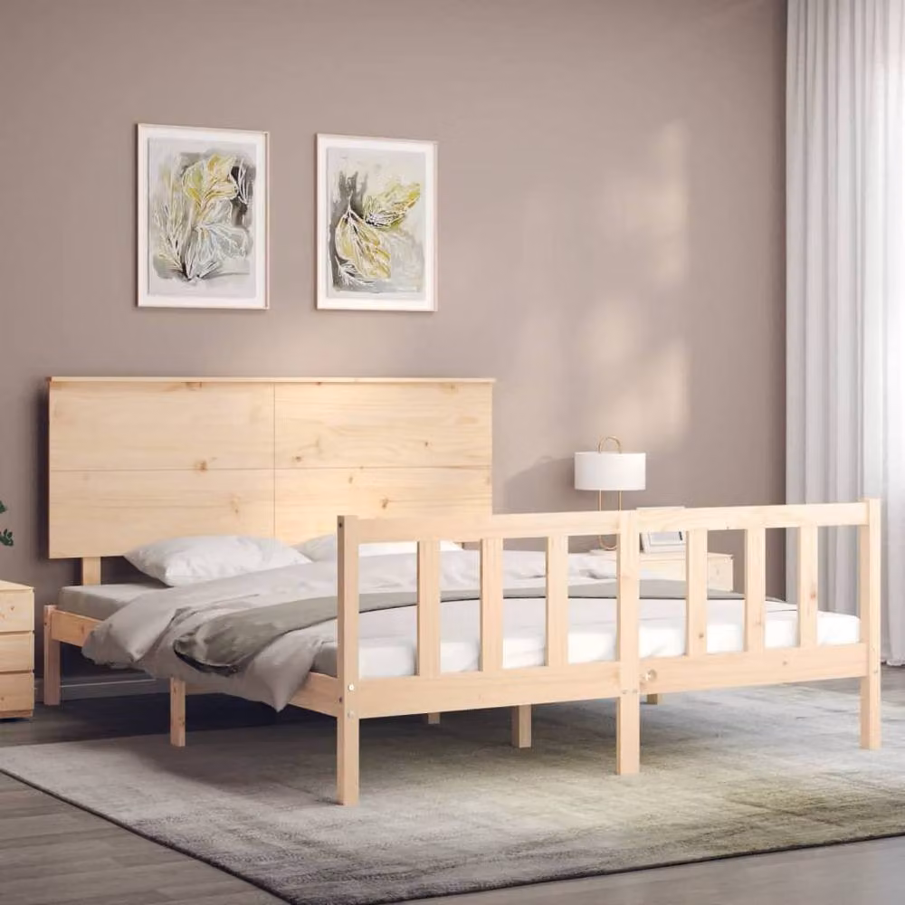 Berkfield Home King Size Solid Wood Bed Frame with Headboard in Beige Pine – 2