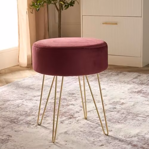 OHS Matte Velvet Round Dressing Table Stool in Dark Berry with Gold Metal Legs, W/D/H: 36 x 36 x 43 cm – 2