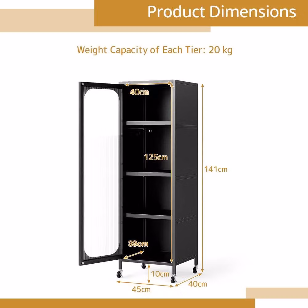 Costway 5-Tier Metal Tall Narrow Kitchen Pantry Cabinet with Glass Doors in Matt Black – 2