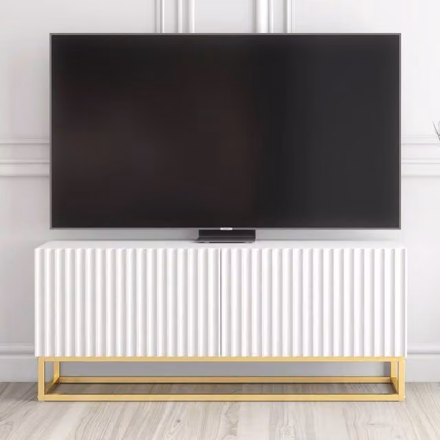 Mex Furniture LTD Ripple TV Unit in White and Gold with Fluted Doors, W: 100 cm, H: 45 cm, D: 35 cm
