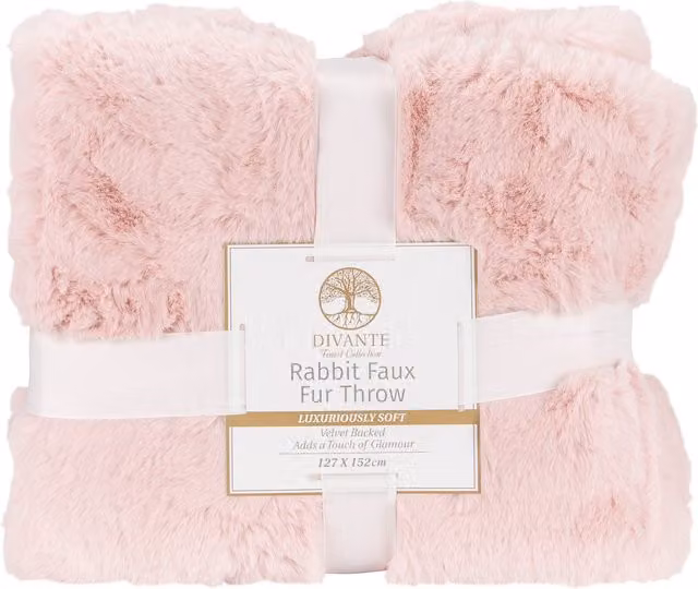 Divante Pink Faux Fur Rabbit Throw, 127 x 127 cm