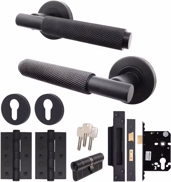 AFIT Matt Black Door Handle and Euro Lock Cylinder Set with Hinges, W/D/H: 15.0 x 15.0 x 15.0 cm