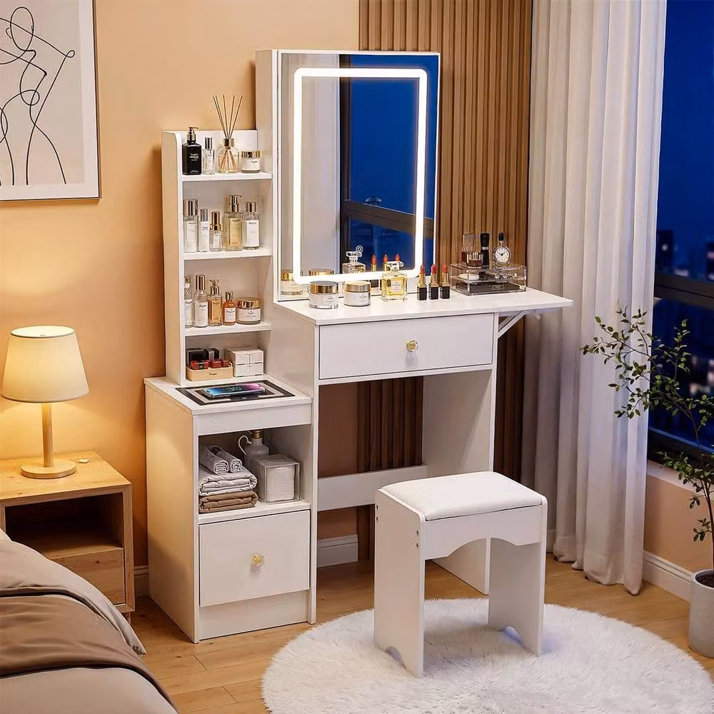 FORGEVIO Dressing Table Set with Drawers, Hollywood LED Mirror, Stool and Wireless Charging in White – 4