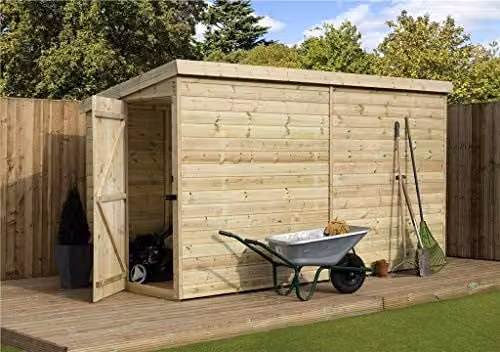 EMS Retail Empire 2000 Pent Garden Shed in Brown, Pressure Treated Shiplap Tongue and Groove with Left End Door – 1