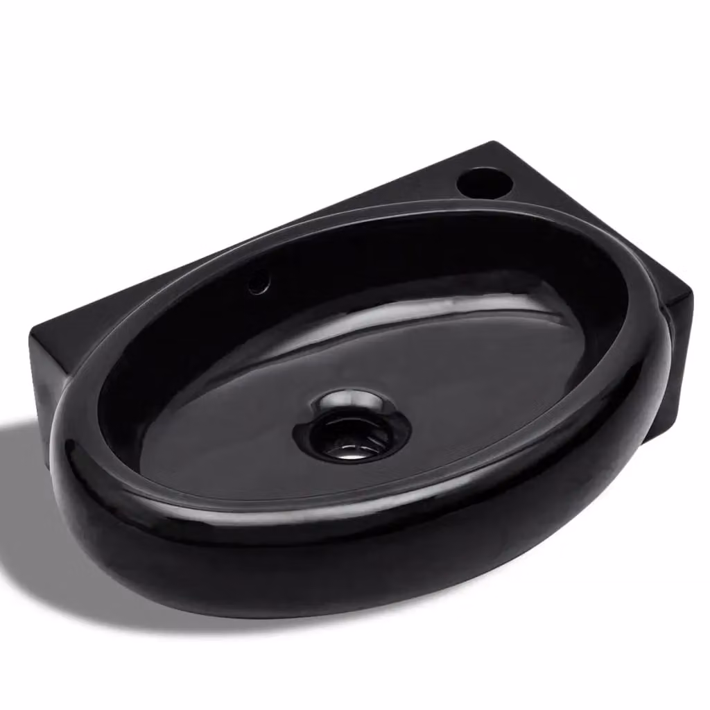 Berkfield Home Round Ceramic Wall Mounted Bathroom Sink Basin with Overflow in Black – 2