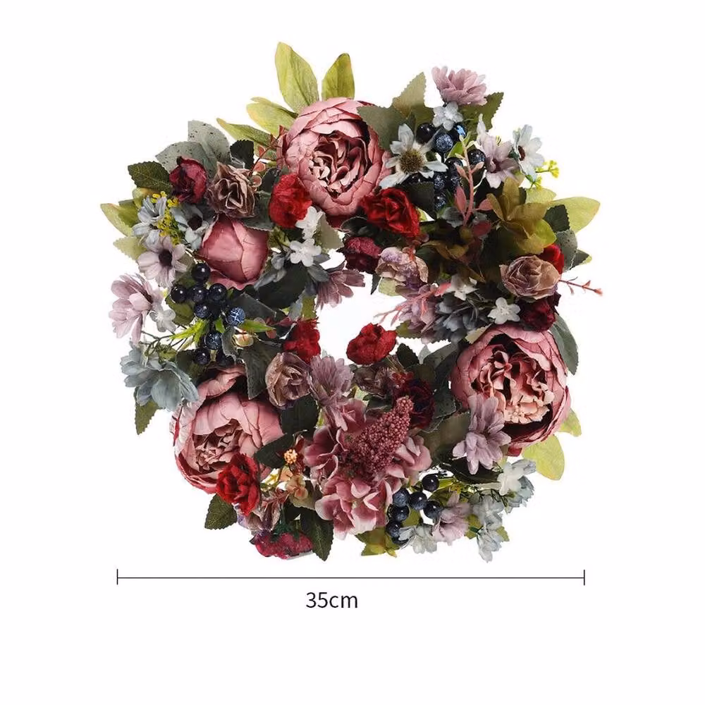 NESTLUNE Multicolour Artificial Peony Flower Wreath with Rattan and Textile Leaves, Diameter: 100 cm, Width: 15 cm – 2