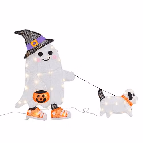 Lights4fun Gustav the Dog-walking Ghost LED Halloween Decoration, White, Height: 50 cm – 2