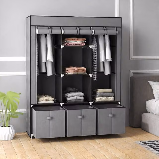 STILVORA Grey Foldable Wardrobe with Roll Shutter, Internal Shelves and Drawers
