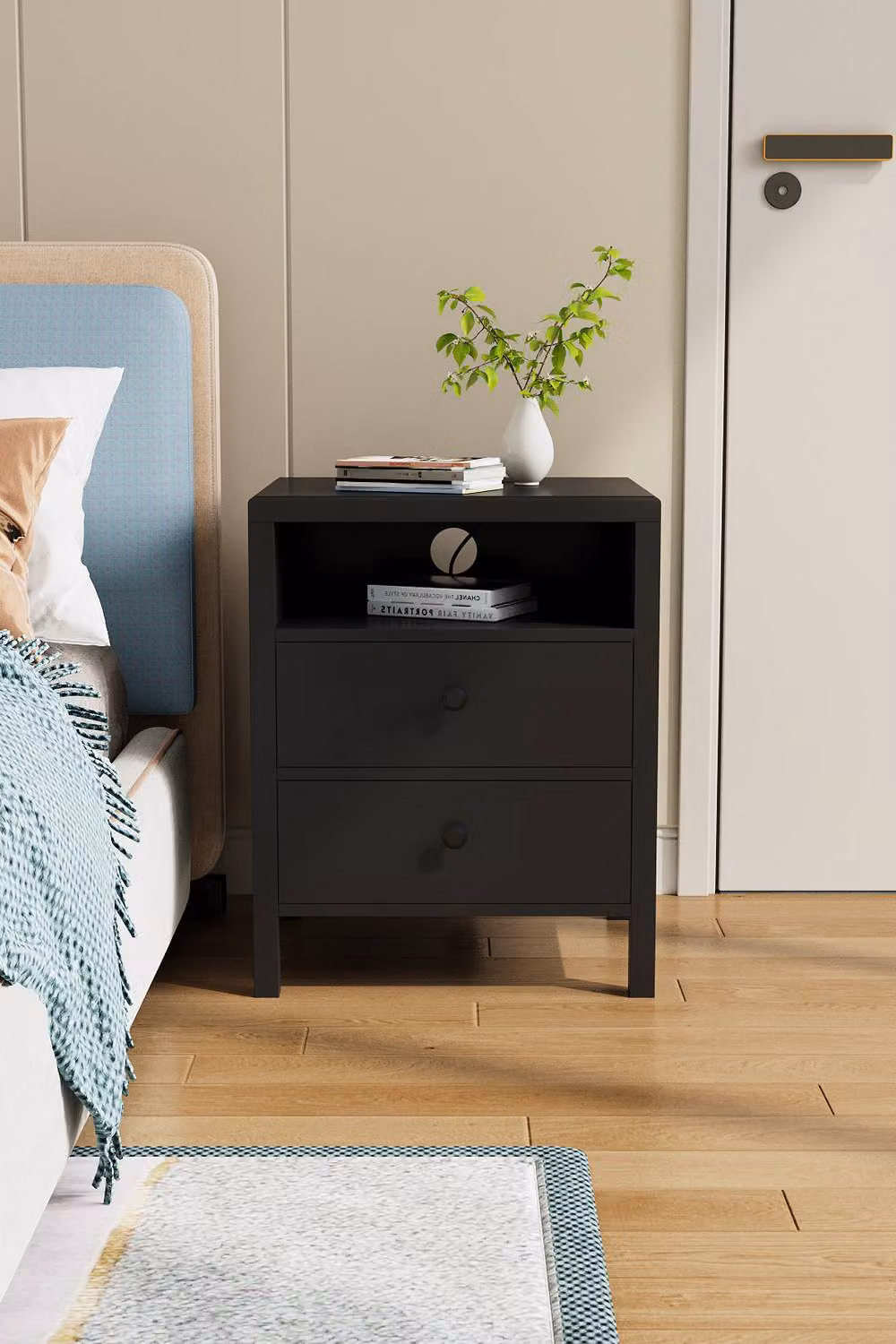 Living and Home Set of 2 Black Modern Bedside Tables with Charging Station and Drawers – 2