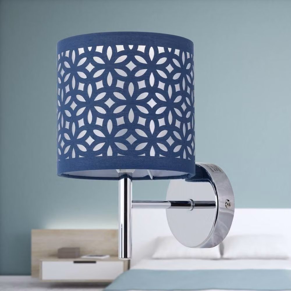 First Choice Lighting Brea Set of 2 Chrome Wall Lights with Blue and Silver Fabric Shades – 4