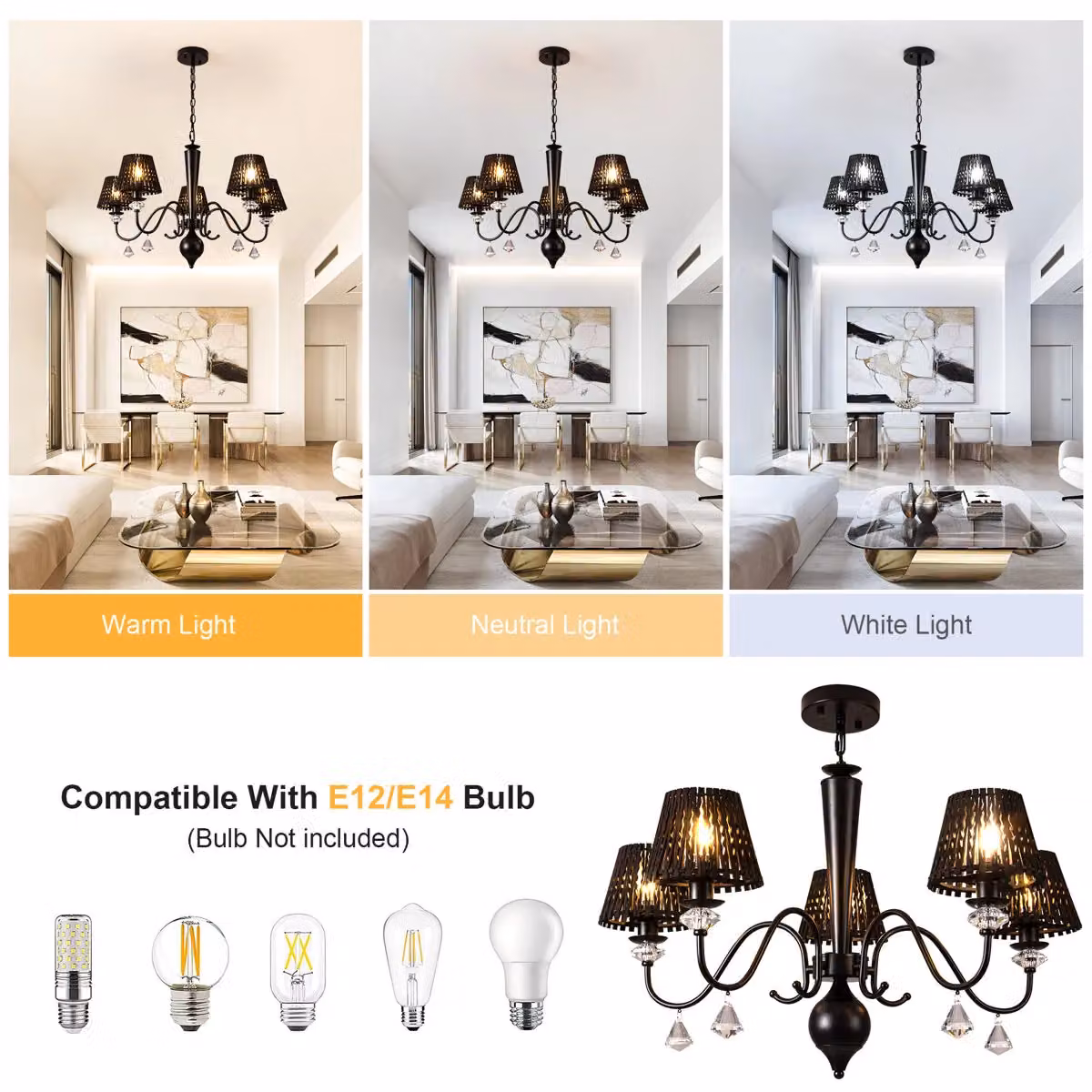 Garwarm 5 Light Dimmable Classic Traditional Crystal Chandelier in Black and Wood – 8