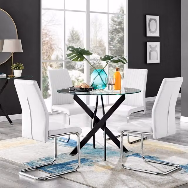 FurnitureboxUK Novara Round Glass Dining Table with Four Lorenzo Chairs in White and Black