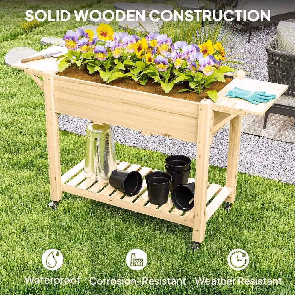 Kelvenix Brown Wooden Raised Garden Planter with Lockable Wheels, W/D/H: 145 x 86 x 52 cm – 3
