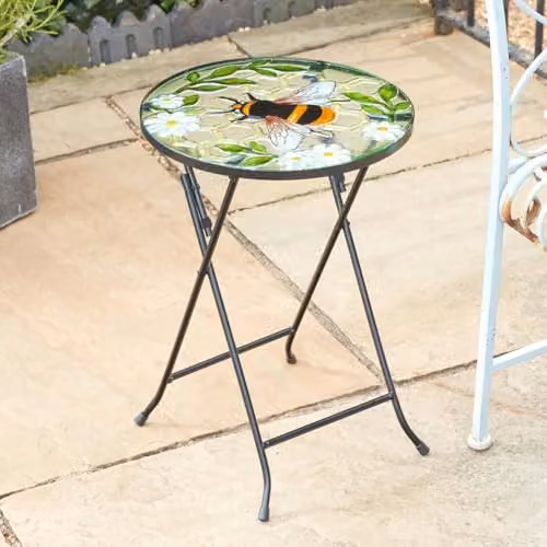mysmartbuy Bee Table with Floral Design, Round Hand-Painted Glass Top and Black Metal Folding Legs, Diameter: 50 cm