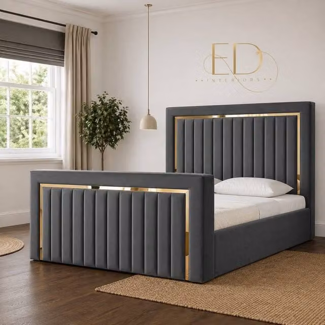Stratus Interiors Emperor TV Bed with Gold and Silver Trim Panel Border in Dark Grey, King Size – 1