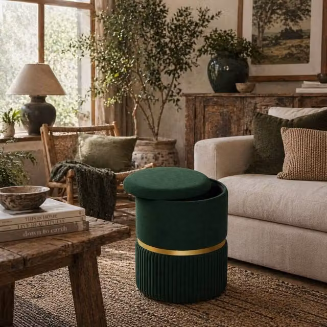 Wyld Haus Rapa Dark Green Etched Velvet Cylindrical Storage Ottoman with Gold Detail