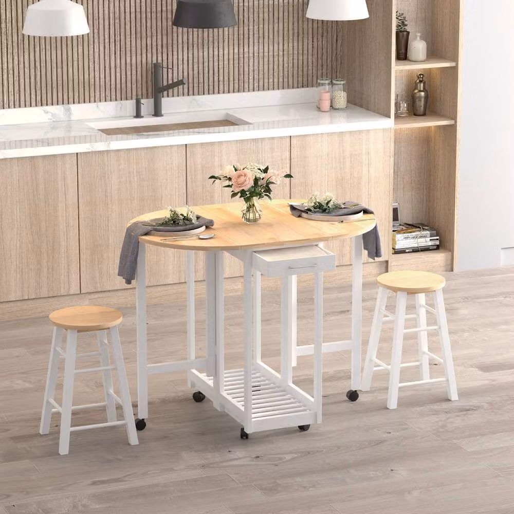 ERGOVEXA 3 Piece Modern Dining Room Set with Mobile Foldable Butterfly Leaf Table and 2 Chairs in White – 2