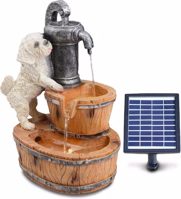 Geezy Puppy Solar Water Fountain with LED Lights in Brown