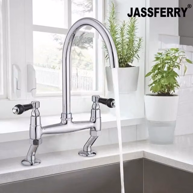 JASSFERRY Two-Handle Bridge Kitchen Mixer Tap with Black Ceramic Handles in Chrome and Silver – 1
