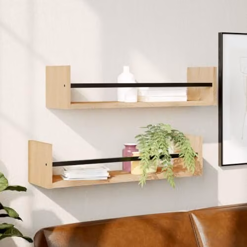 vidaXL Wall Shelves with Bars, 2 Pieces, Sonoma Oak, W: 60 cm, D: 16 cm, H: 14 cm – 2