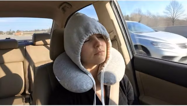 EONLION Grey Contoured Unisex Travel Neck Pillow with Hoodie