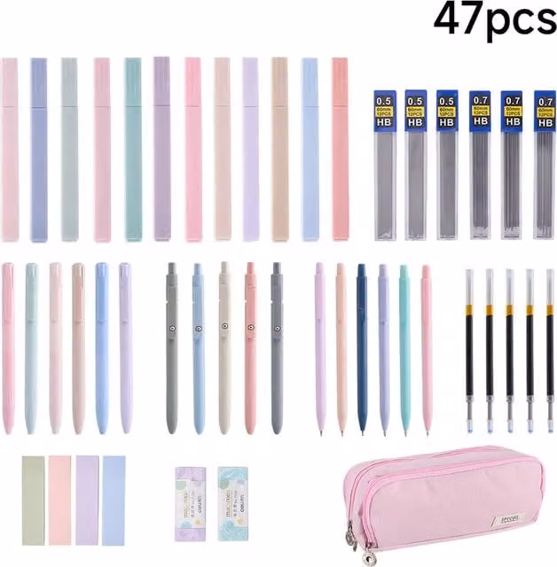Livingandhome 47-Piece School Stationery Set with Pencil Case in Pink, Black and Multicolour