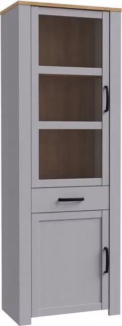 Furniture To Go Bohol Narrow Grey Rustic Wood Display Cabinet with Glass Doors and Soft Close Shelves