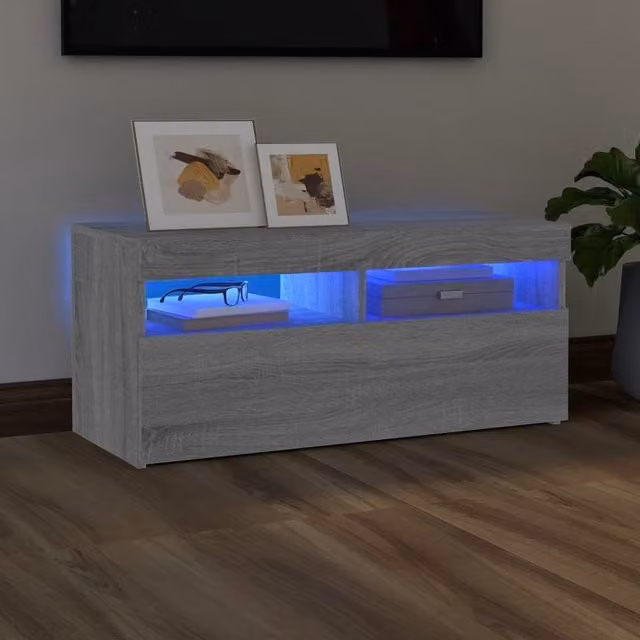 Berkfield Home Modern TV Cabinet with LED Lights in Grey Sonoma, W/D/H: 90 x 35 x 40 cm – 1