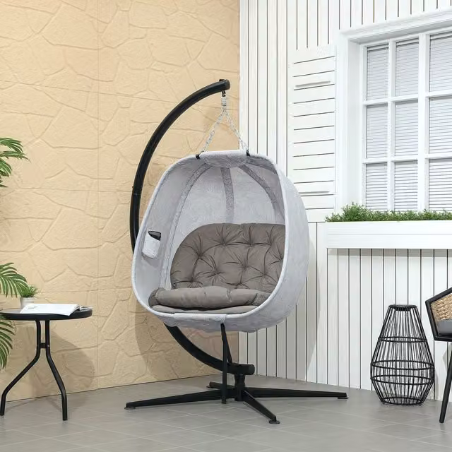 Outsunny Hanging Egg Swing Chair with Folding Basket in Sand Brown and Floral Design