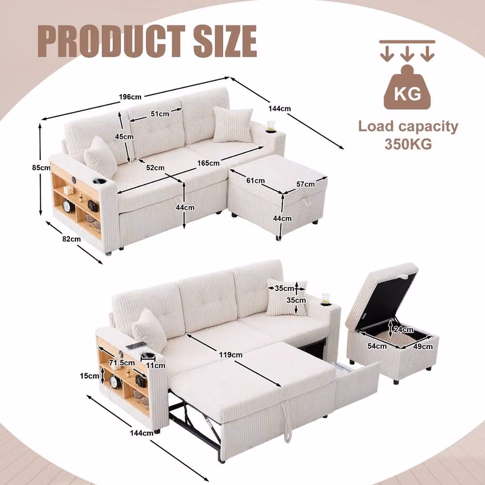 Rolipo Corduroy Sofa Bed with Storage, USB Charging and LED Lights in Beige – 2